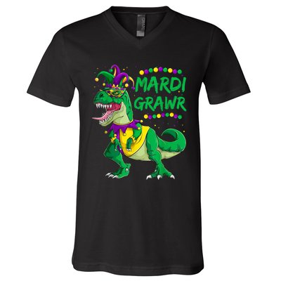 Mardi Grawr Dino Jester Outfit, Mardi Gras T Rex Kids Boys V-Neck T-Shirt