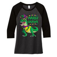 Mardi Grawr Dino Jester Outfit, Mardi Gras T Rex Kids Boys Women's Tri-Blend 3/4-Sleeve Raglan Shirt