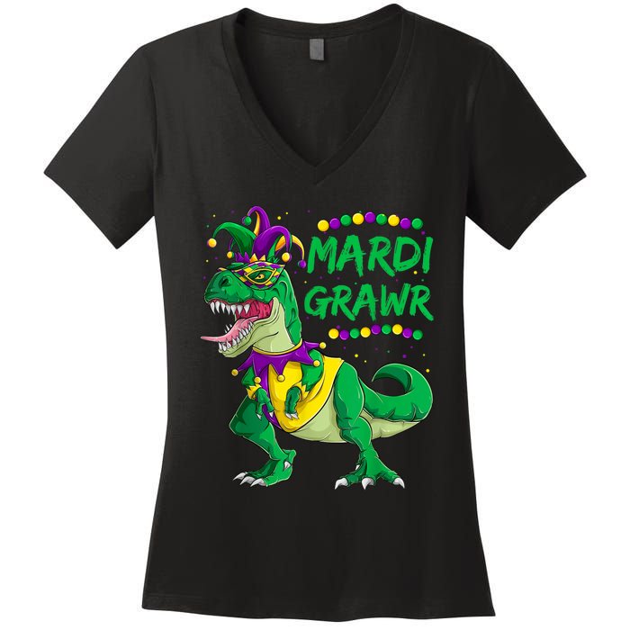 Mardi Grawr Dino Jester Outfit, Mardi Gras T Rex Kids Boys Women's V-Neck T-Shirt