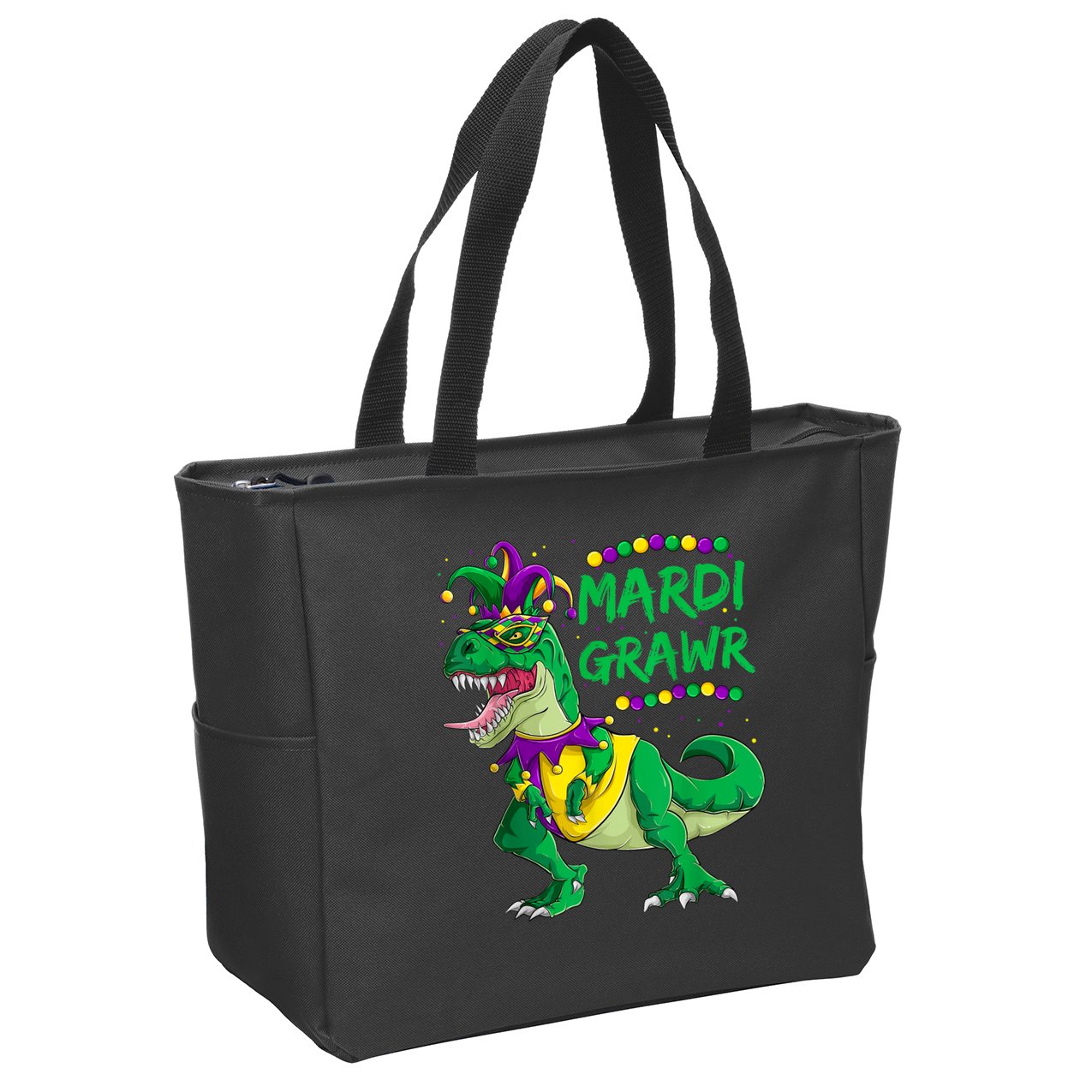 Mardi Grawr Dino Jester Outfit, Mardi Gras T Rex Kids Boys Zip Tote Bag