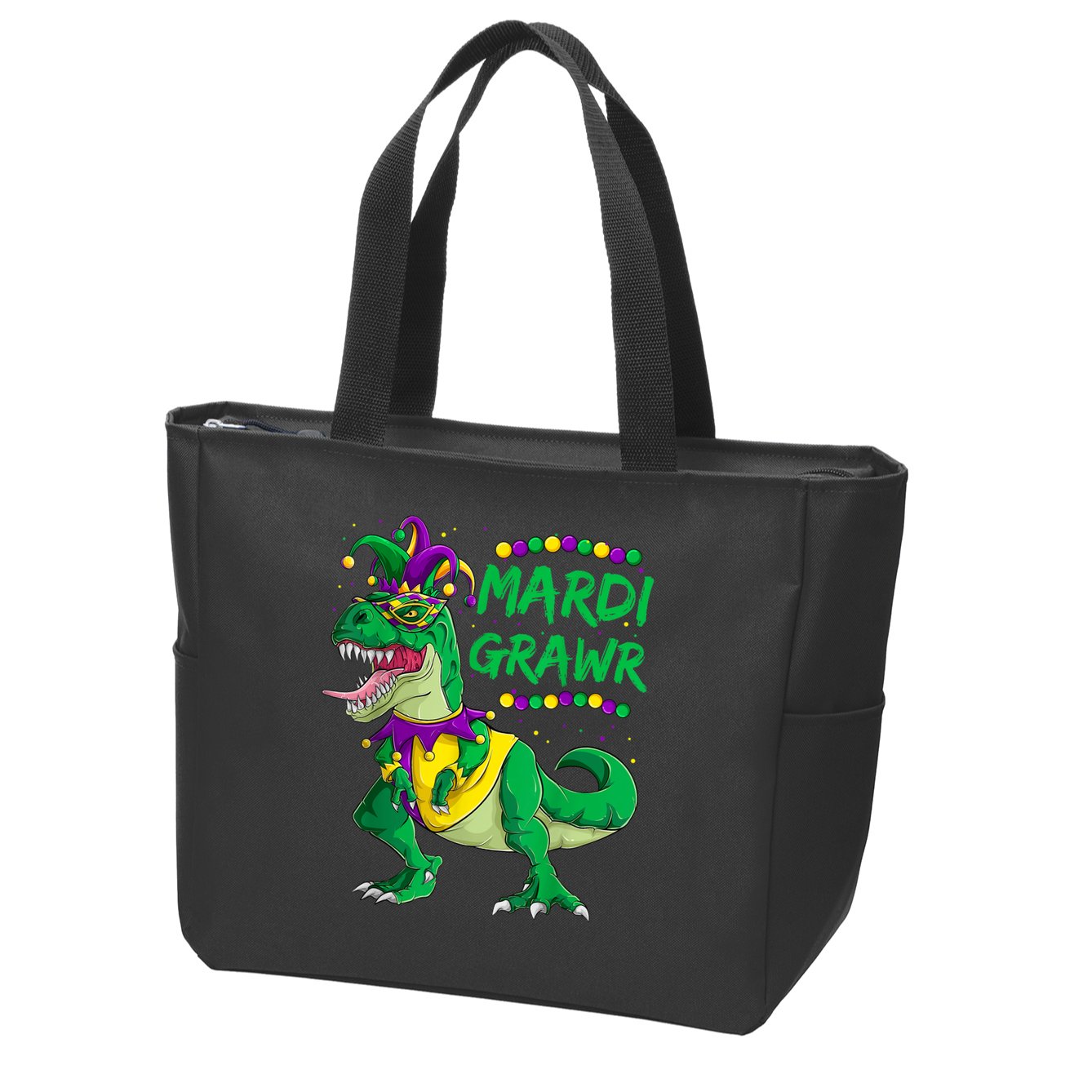 Mardi Grawr Dino Jester Outfit, Mardi Gras T Rex Kids Boys Zip Tote Bag