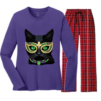 Mardi Gras Design Black Cat Mardi Gras Carnival Cat Lover Women's Long Sleeve Flannel Pajama Set 