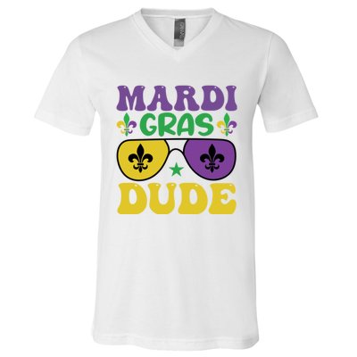 Mardi Gras Dude Sunglasses With Fleur De Lis V-Neck T-Shirt