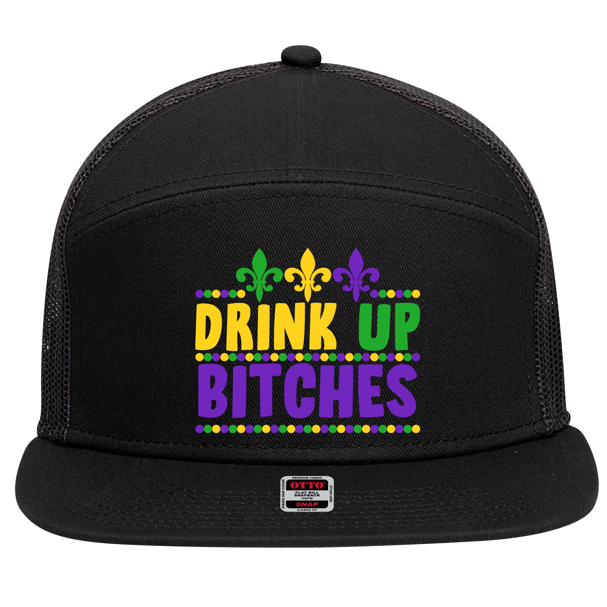Mardi Gras Drink Up Bitches 7 Panel Mesh Trucker Snapback Hat