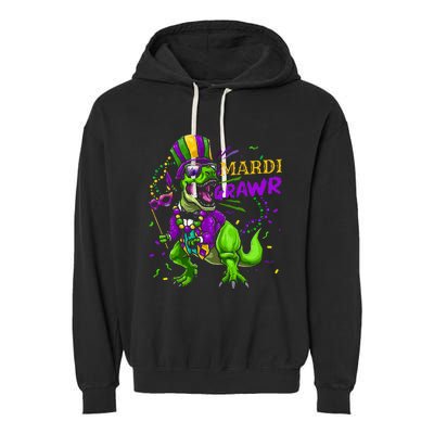 Mardi Gras Dabbing T Rex Dinosaur Mardi Grawr Bead Costume Garment-Dyed Fleece Hoodie