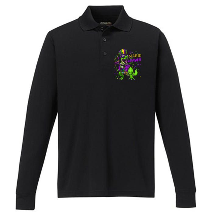 Mardi Gras Dabbing T Rex Dinosaur Mardi Grawr Bead Costume Performance Long Sleeve Polo