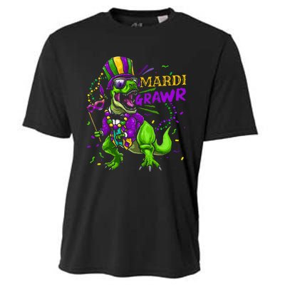 Mardi Gras Dabbing T Rex Dinosaur Mardi Grawr Bead Costume Cooling Performance Crew T-Shirt