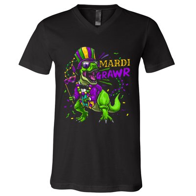 Mardi Gras Dabbing T Rex Dinosaur Mardi Grawr Bead Costume V-Neck T-Shirt