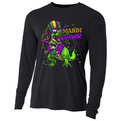 Mardi Gras Dabbing T Rex Dinosaur Mardi Grawr Bead Costume Cooling Performance Long Sleeve Crew