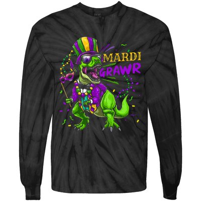 Mardi Gras Dabbing T Rex Dinosaur Mardi Grawr Bead Costume Tie-Dye Long Sleeve Shirt