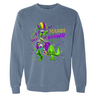 Mardi Gras Dabbing T Rex Dinosaur Mardi Grawr Bead Costume Garment-Dyed Sweatshirt