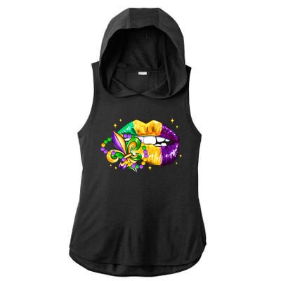 Mardi Gras Festive Lips Ladies PosiCharge Tri-Blend Wicking Draft Hoodie Tank