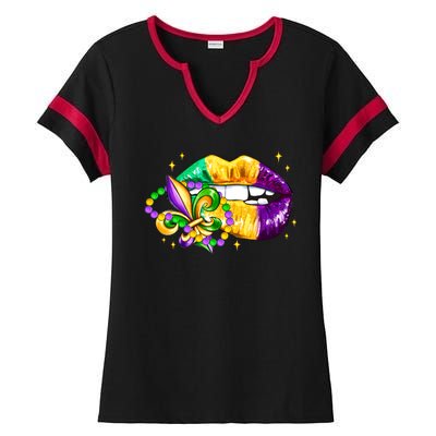 Mardi Gras Festive Lips Ladies Halftime Notch Neck Tee