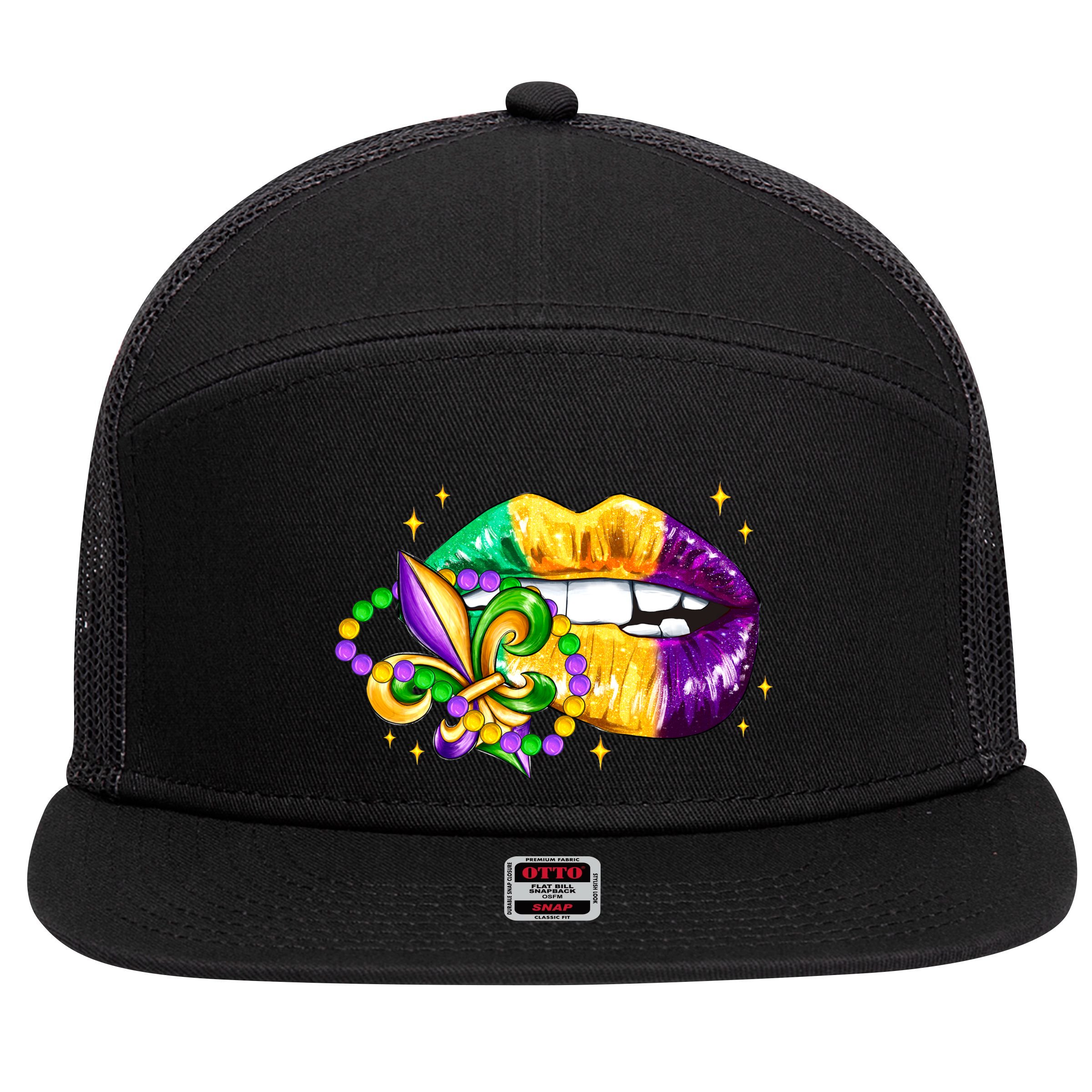 Mardi Gras Festive Lips 7 Panel Mesh Trucker Snapback Hat
