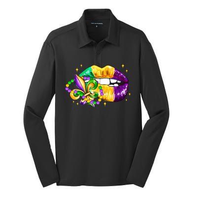 Mardi Gras Festive Lips Silk Touch Performance Long Sleeve Polo