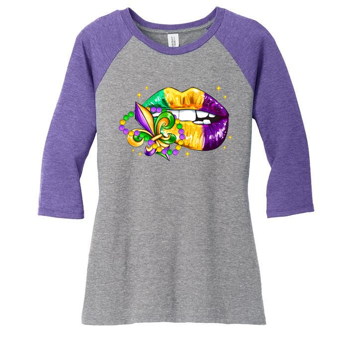 Mardi Gras Festive Lips Women's Tri-Blend 3/4-Sleeve Raglan Shirt