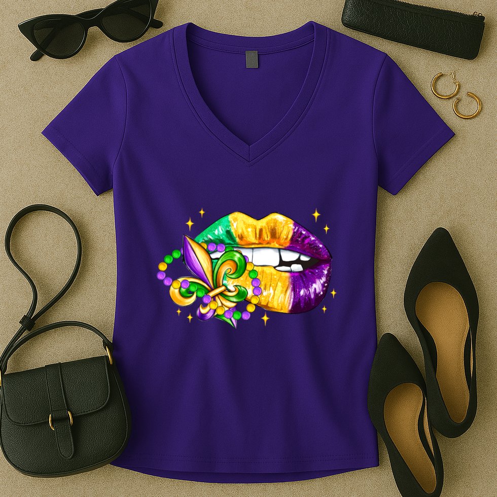 Mardi Gras Festive Lips Women's V-Neck T-Shirt