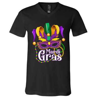 Mardi Gras For Beads Mask Feathers V-Neck T-Shirt