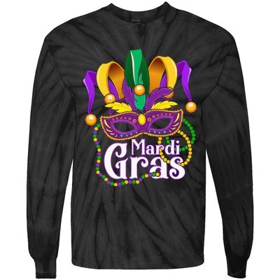 Mardi Gras For Beads Mask Feathers Tie-Dye Long Sleeve Shirt