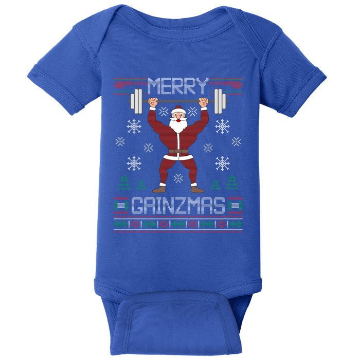 Merry Gainzmas Fit Santa Gym Workout Ugly Christmas Sweater Gift Baby Bodysuit