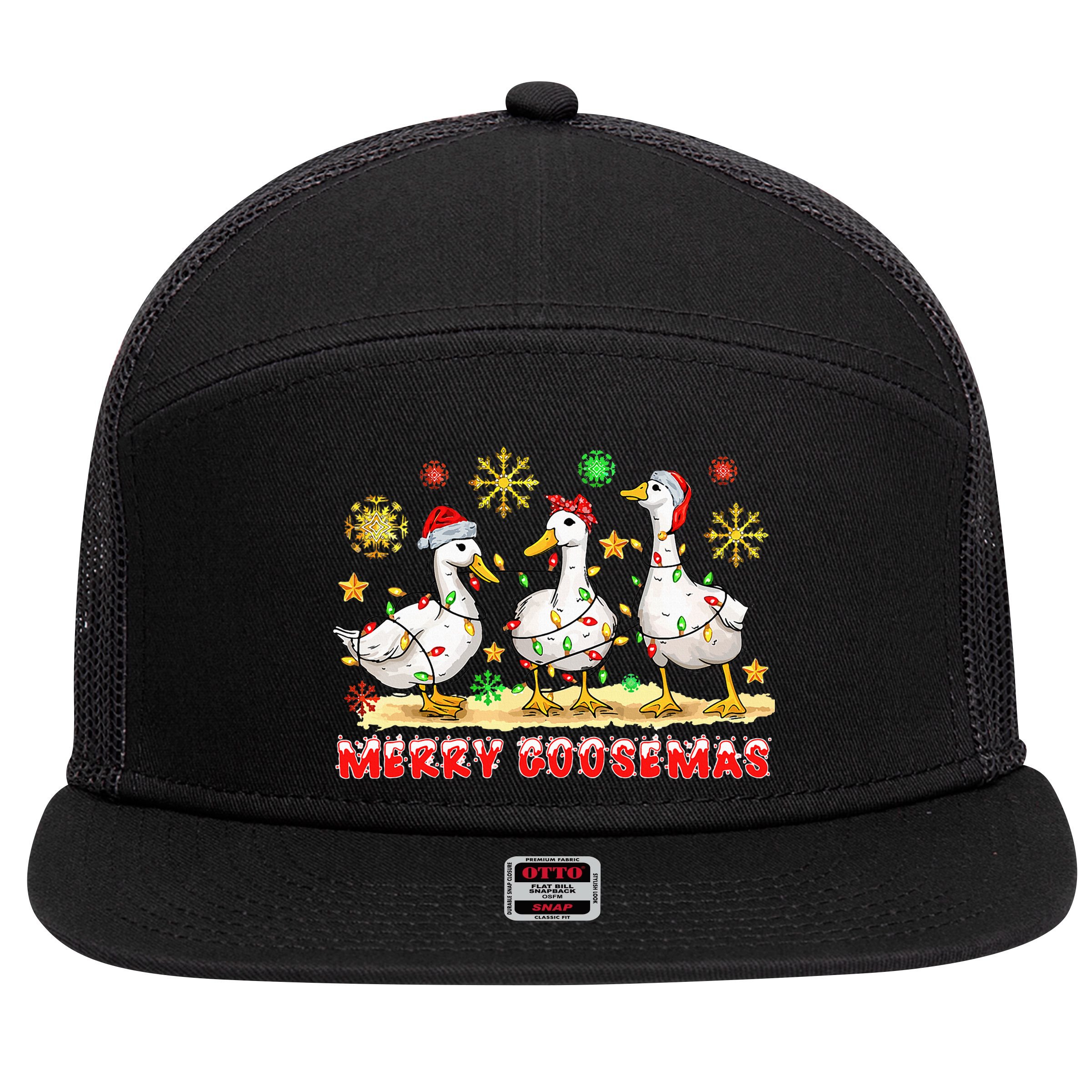 Merry Goosemas Funny Christmas Duck Silly Goose Memes 7 Panel Mesh Trucker Snapback Hat