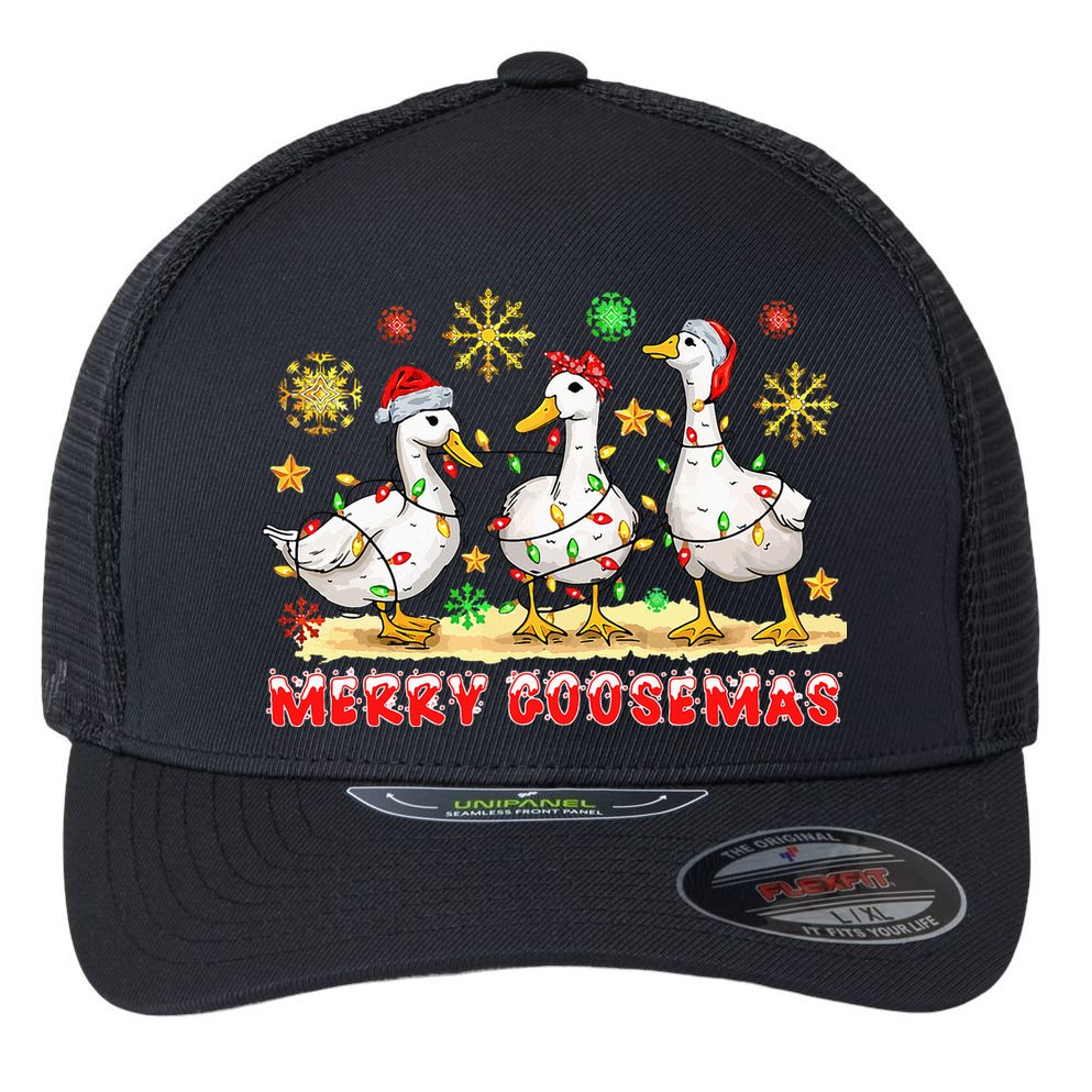Merry Goosemas Funny Christmas Duck Silly Goose Memes Flexfit Unipanel Trucker Cap