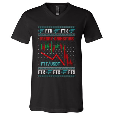 Merry Gainsmas FTX Crypto Cryptocurrency Funny Christmas Ugly Sweater V-Neck T-Shirt