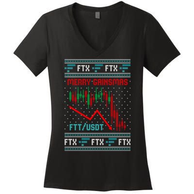 Merry Gainsmas FTX Crypto Cryptocurrency Funny Christmas Ugly Sweater Women's V-Neck T-Shirt