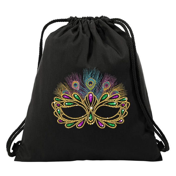 Mardi Gras Festival Mask With Feathers Carnival Drawstring Bag