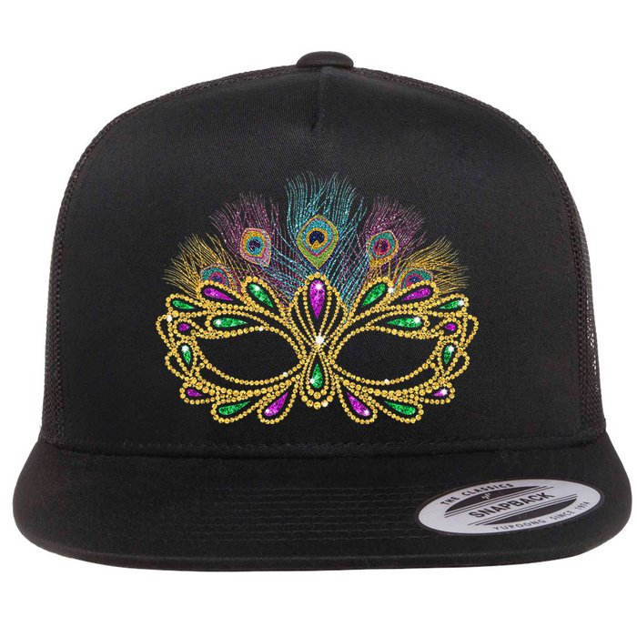 Mardi Gras Festival Mask With Feathers Carnival Flat Bill Trucker Hat