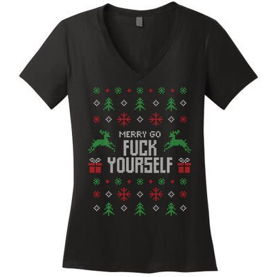 Merry Go Fuck Yourself I Funny Ugly Christmas Christmas Women's V-Neck T-Shirt