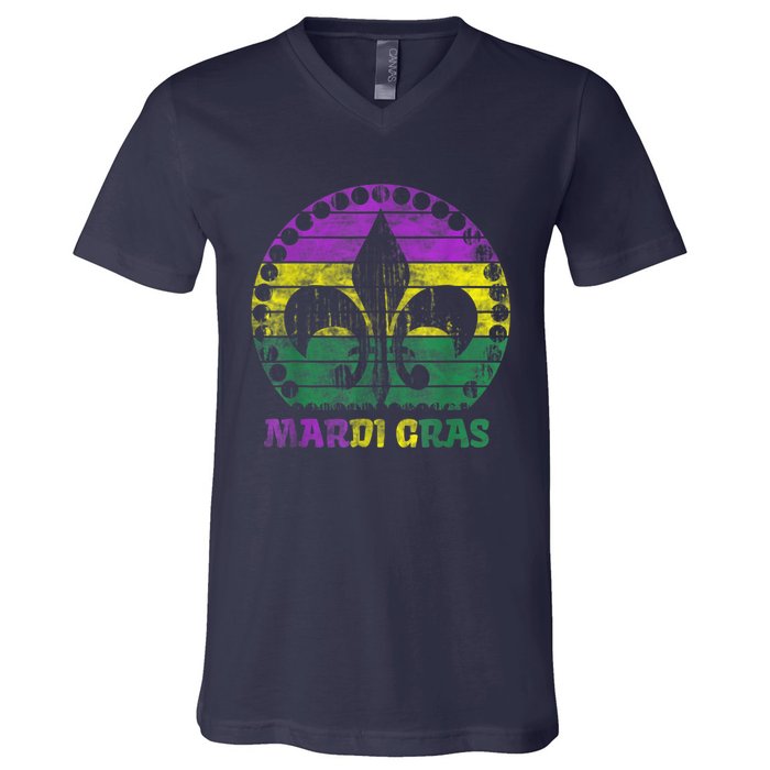 Mardi Gras Fleur De Lis Retro Sunset I Carnival V-Neck T-Shirt