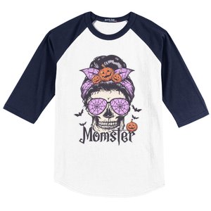 Momster Gift Funny Messy Bun Skeleton Spooky Halloween Cool Gift Baseball Sleeve Shirt