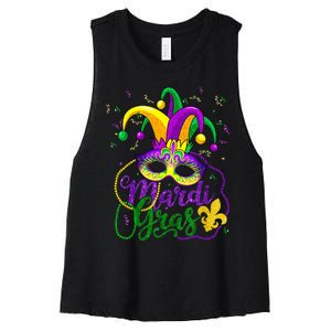 Mardi Gras For Beads Mask Feathers Hat Women's Racerback Cropped Tank