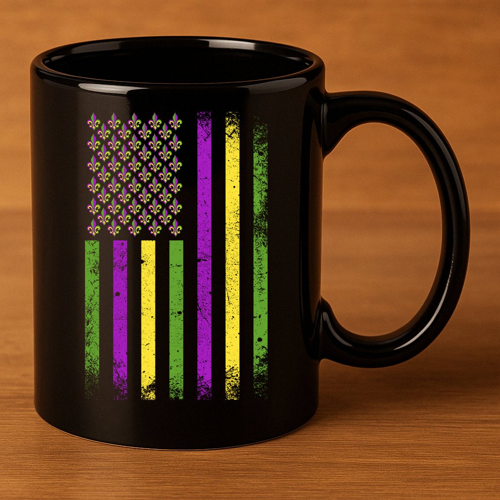 Mardi Gras Festive USA Flag 11oz C Handle Ceramic Mug