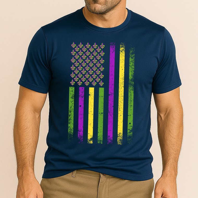 Mardi Gras Festive USA Flag Cooling Performance Crew T-Shirt