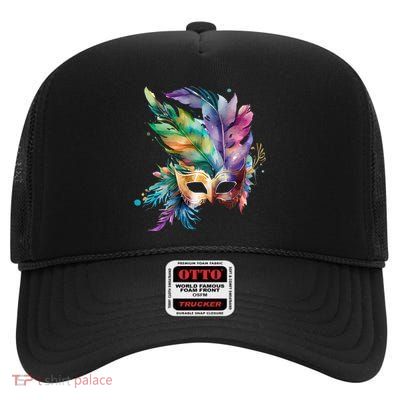 Mardi Gras Feather Mask Watercolor High Crown Mesh Back Trucker Hat
