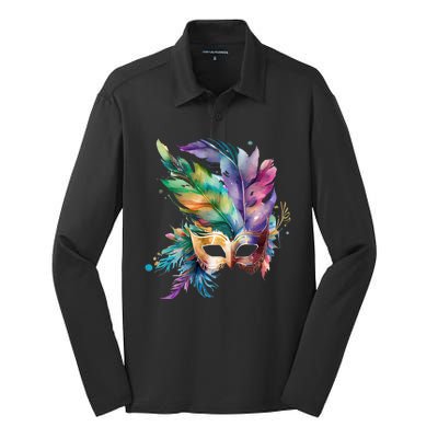 Mardi Gras Feather Mask Watercolor Silk Touch Performance Long Sleeve Polo