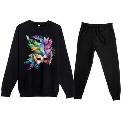 Mardi Gras Feather Mask Watercolor Premium Crewneck Sweatsuit Set