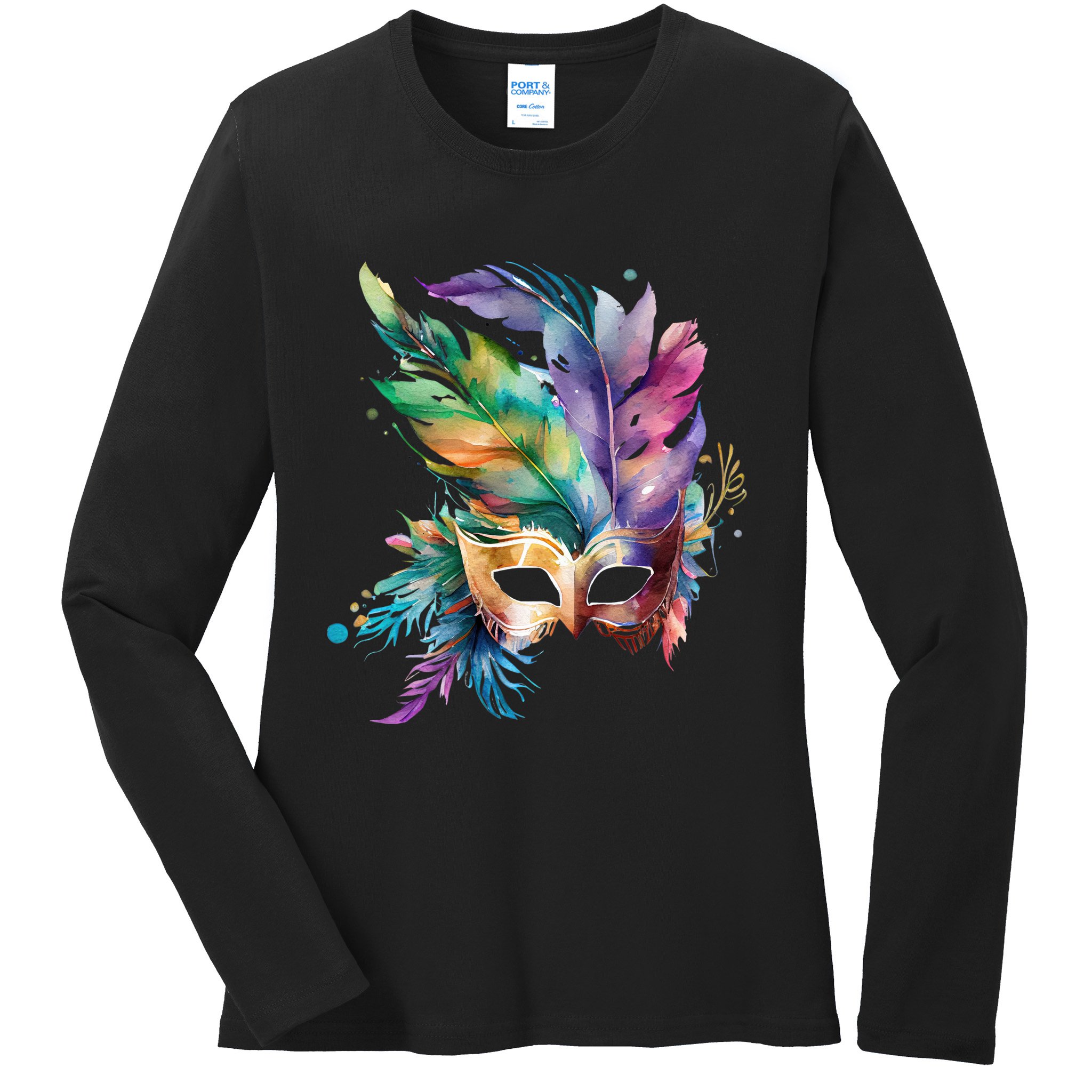 Mardi Gras Feather Mask Watercolor Ladies Long Sleeve Shirt