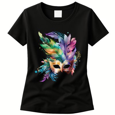 Mardi Gras Feather Mask Watercolor Womens T-Shirt