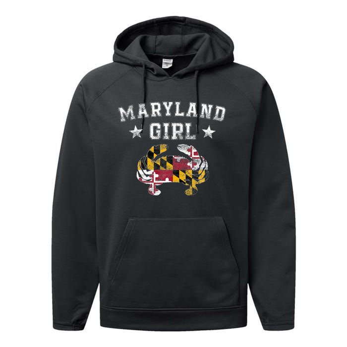 Maryland Girl Flag Blue Crab State Pride Retro Performance Fleece Hoodie