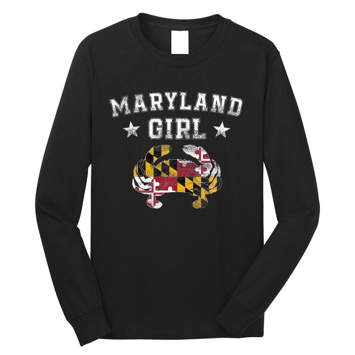 Maryland Girl Flag Blue Crab State Pride Retro Long Sleeve Shirt