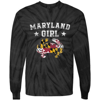 Maryland Girl Flag Blue Crab State Pride Retro Tie-Dye Long Sleeve Shirt