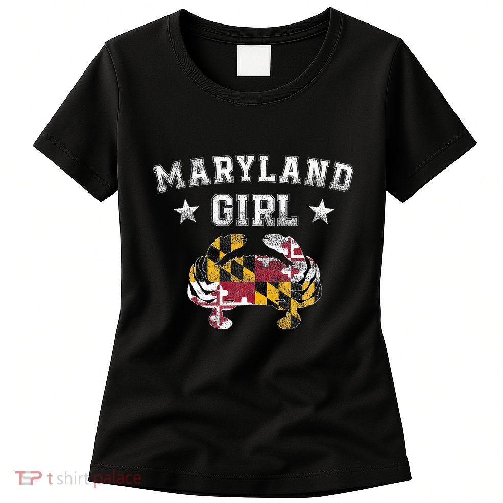 Maryland Girl Flag Blue Crab State Pride Retro Womens T-Shirt