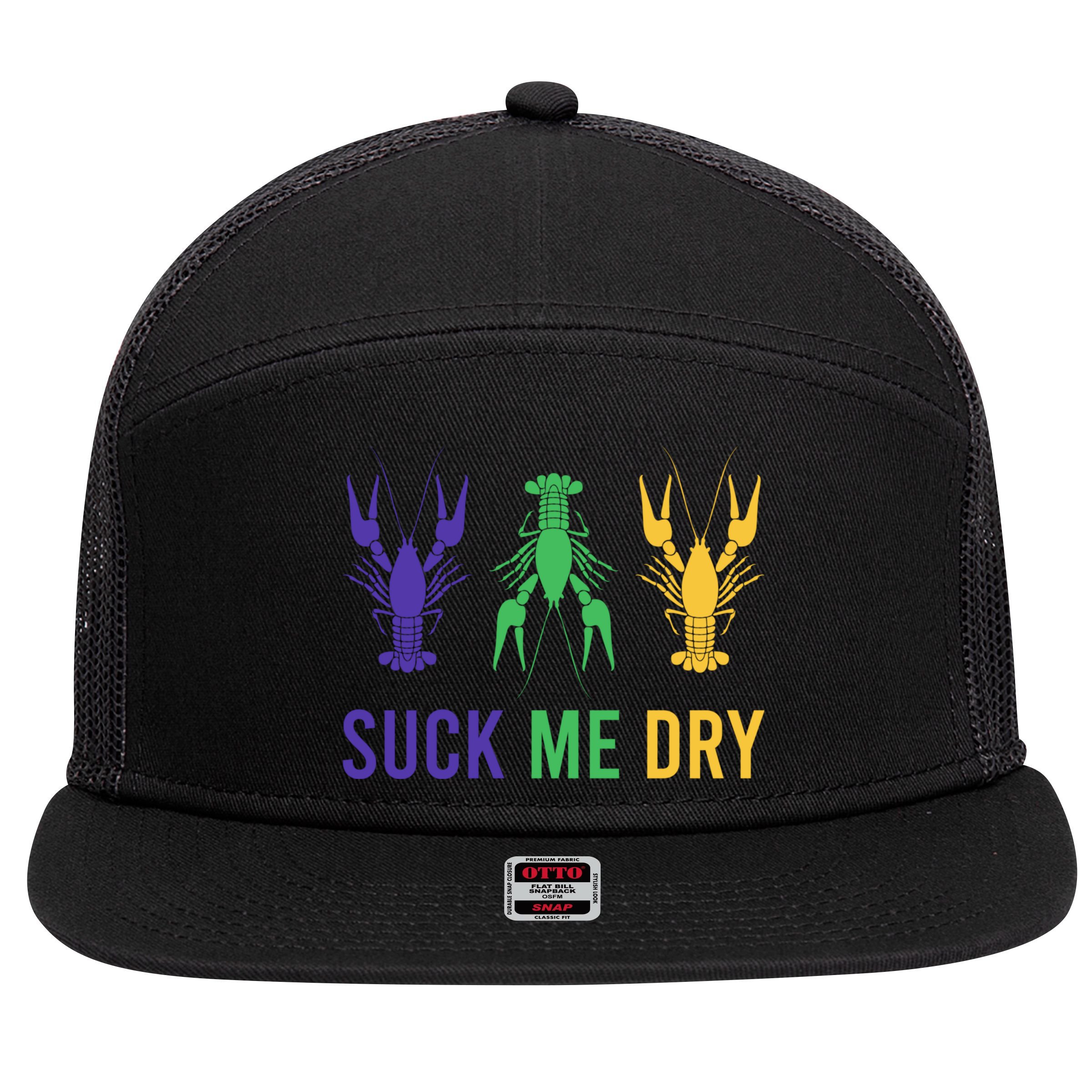 Mardi Gras Funny Suck Me Dry Crawfish Carnival Party 7 Panel Mesh Trucker Snapback Hat