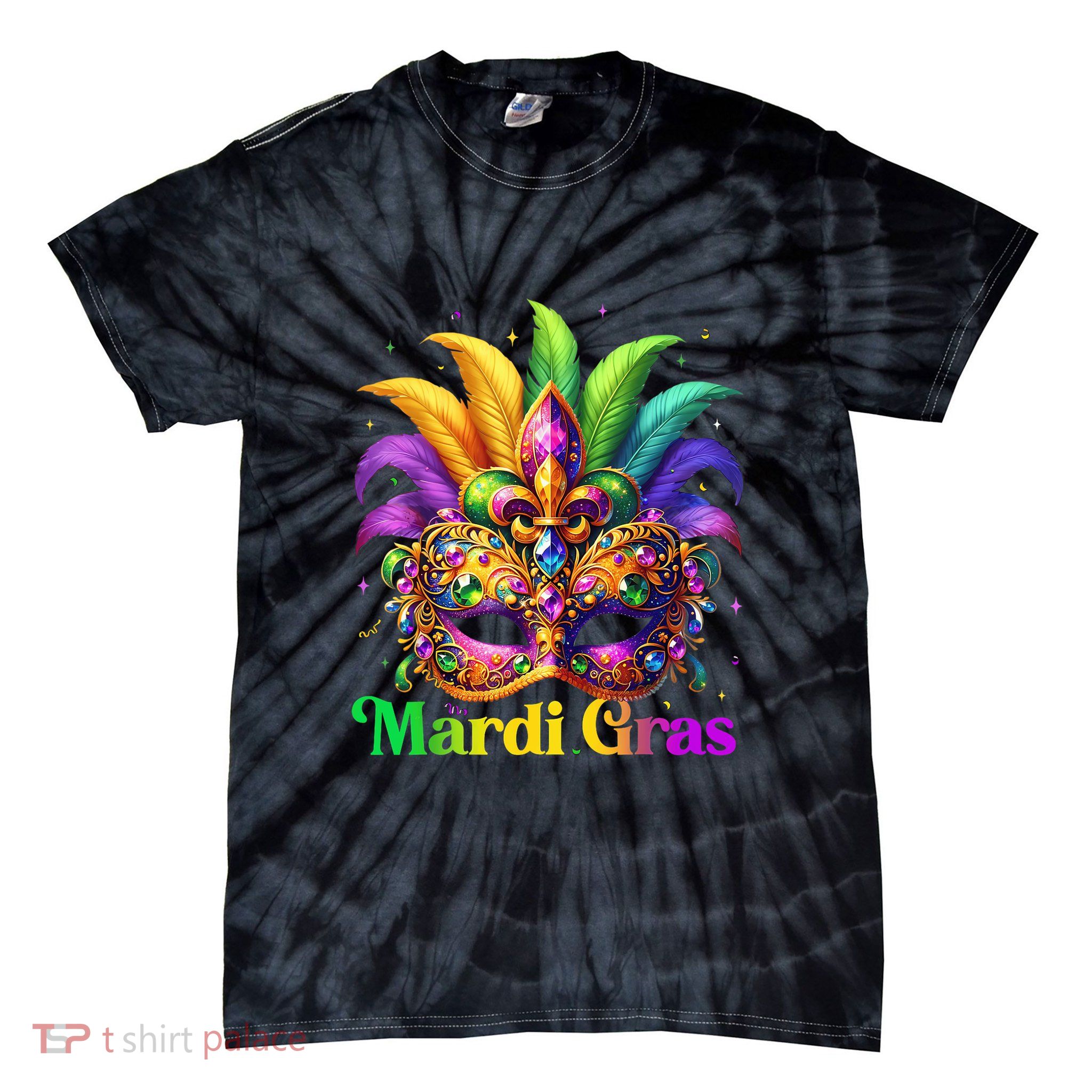 Mardi Gras For Women Girl Mask Feather Party Tie-Dye T-Shirt