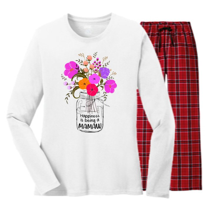 Mom Grandma Floral Gift Happiness Is Being A Mamaw Women's Long Sleeve Flannel Pajama Set 