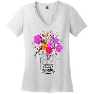 Mom Grandma Floral Gift Happiness Is Being A Mamaw Women's V-Neck T-Shirt