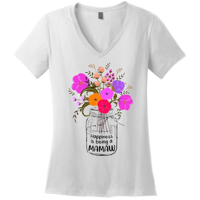 Mom Grandma Floral Gift Happiness Is Being A Mamaw Women's V-Neck T-Shirt